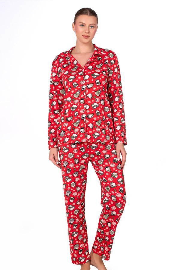 Lizbon Kumaş İçi Şardonlu Kırmızı Kış Desenli Önden Düğmeli Kadın Pijama Takımı - Image 1