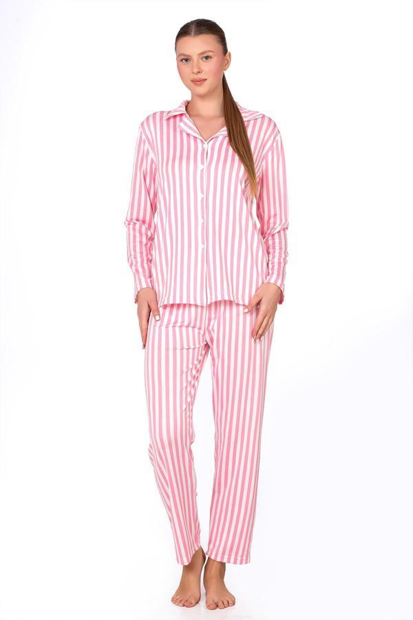 Pembe Çizgili Lizbon Kumaş İçi Şardonlu Önden Düğmeli Kadın Pijama Takımı - Image 1