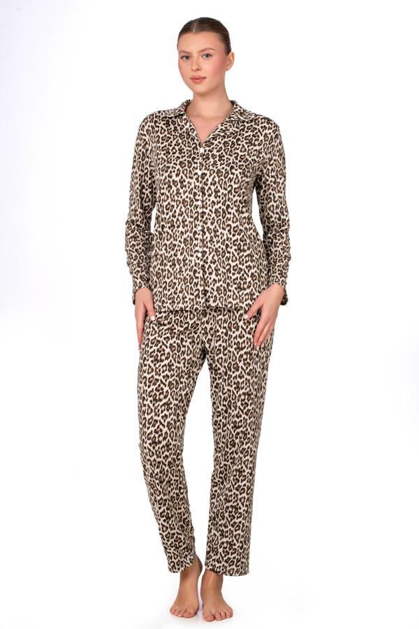 Lizbon Kumaş Leopar Desenli İçi Şardonlu Önden Düğmeli Kadın Pijama Takımı - Image 1