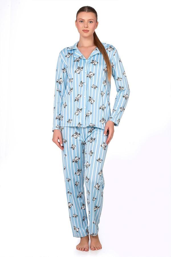 Lizbon Kumaş İçi Şardonlu Panda Desenli Önden Düğmeli Kadın Pijama Takımı - Image 1