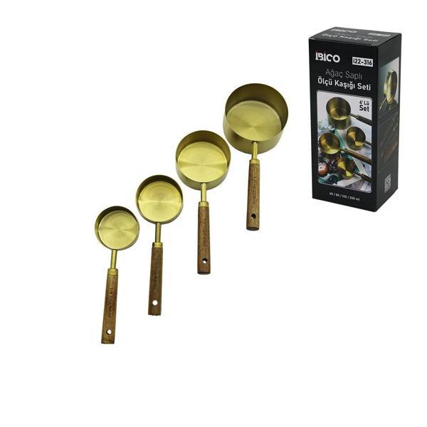 4 PCS GOLD METAL ÖLÇÜ KAŞIK SETİ OTANTİK AĞAÇ KULP 250ML - 125ML - 80ML - 60ML (5365) - Image 1