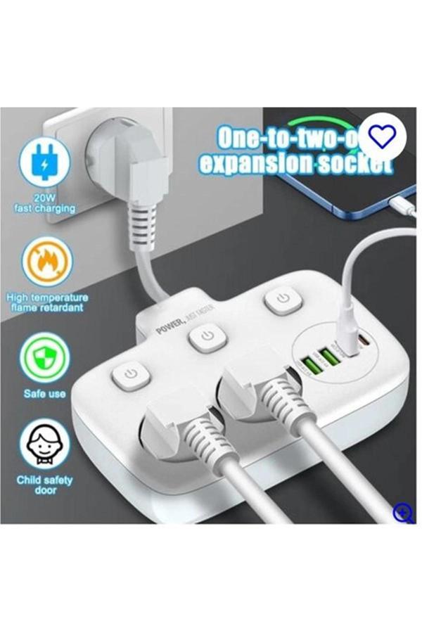 Akım Korumalı 2’li Ayrı Anahtarlı Priz, 2x Priz, 3x Usb, 1x Type-c, 2 Mt Kablo, Hızlı Şarj - Image 1