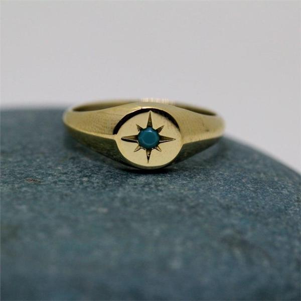 Firuze Taşlı Şimal Yıldızı Yuvarlak Mühür 925 Ayar Gümüş Yüzük-Yıldızlı Hediye Gümüş Yüzük - Image 1