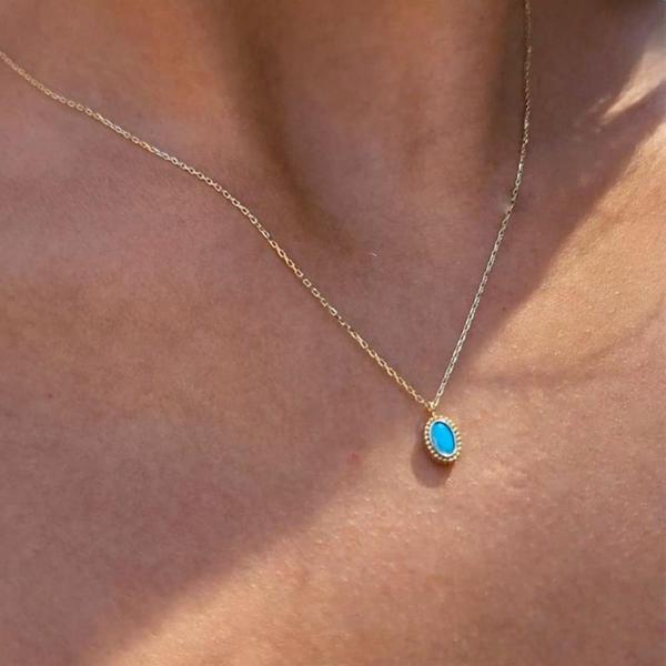 Gümüş Kolye - 0.90 CT Turkuaz (Firuze) Taşlı Güverseli Sade Minimal Tasarım Hediyelik Gümüş Kolye - Image 1