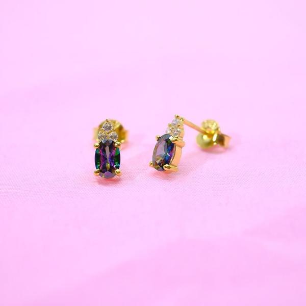 Gümüş Küpe - Kadın Oval Kesim 1.10 Karat Mistik Topaz Taşlı Modern 925 Ayar Gümüş Küpe - Image 1