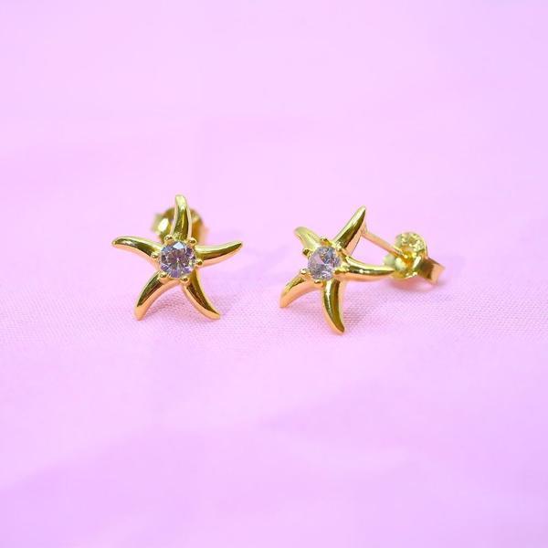 Gümüş Küpe - Kadın Yuvarlak Zirkon Taşlı Deniz Yıldızı 925 Ayar Gümüş Küpe - Image 1