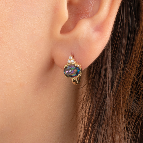 Gümüş Küpe - 925 Ayar Gümüş Oval Mistik Topaz Taşlı Tektaş Küpe - Image 1