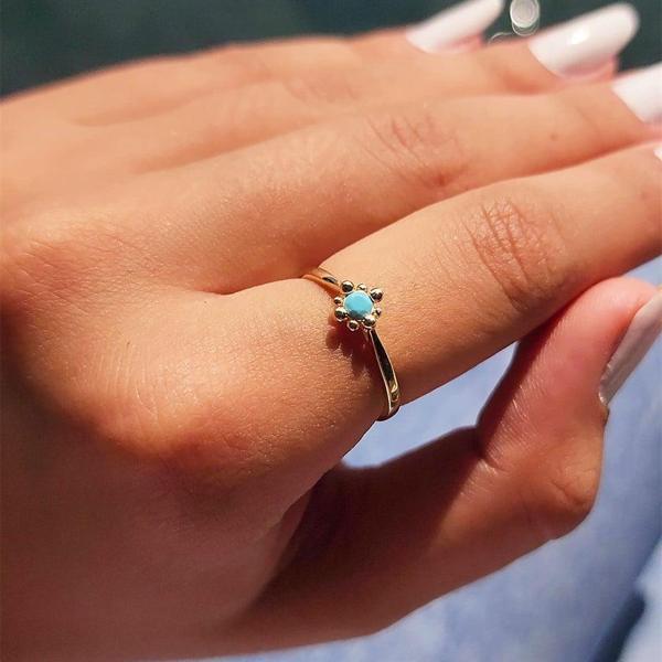 Gümüş Yüzük - 0.25 Karat Pırlanta Firuze Taşlı Güverseli 925 Ayar Gümüş Tek Taş Yüzük - Image 1