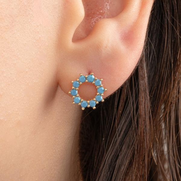 Gümüş Küpe - 925 Ayar Gümüş Yuvarlak Firuze (Turkuaz) Taşlı Küpe - Image 1