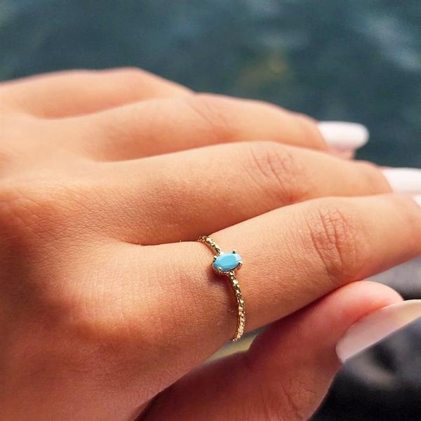 Gümüş Yüzük - 0.50CT Firuze Taşlı Dövülü Eskitme Tektaş Gümüş Yüzük - Hediye Gümüş Eskitme Yüzük  - Image 1