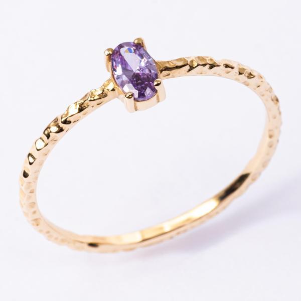 Gümüş Yüzük - Ametist Taşlı Dövülü Eskitme Minimal Tasarım Tektaş 925 Ayar Gümüş Yüzük - Image 1