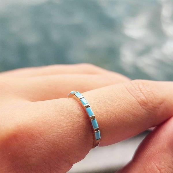 Gümüş Yüzük - Firuze Taşlı Sıralı Baget Modern 925 Ayar Gümüş Alyans-Modern Eklem Yüzüğü - Image 1