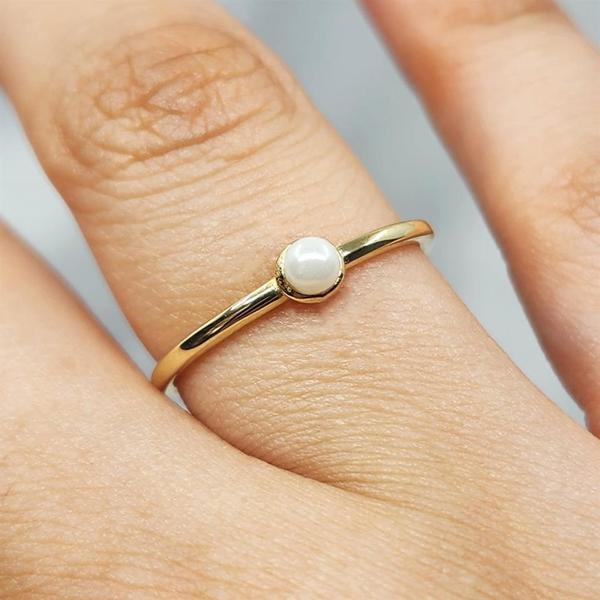 Gümüş Yüzük - İnci Minimal Tasarım Tek Taş 925 Ayar Gümüş Yüzük - Image 1