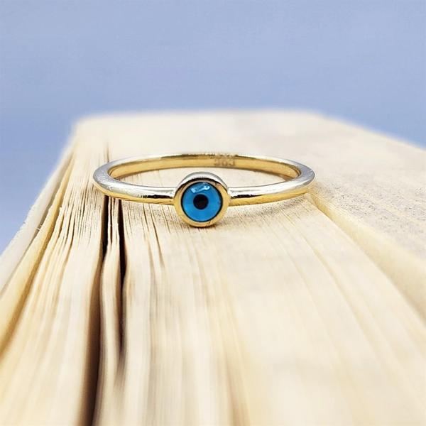 Gümüş Yüzük - Mavi Göz Boncuklu 925 Ayar Gümüş Tektaş-Nazar Boncuklu Minimal 925 Ayar Tektaş Yüzük - Image 1