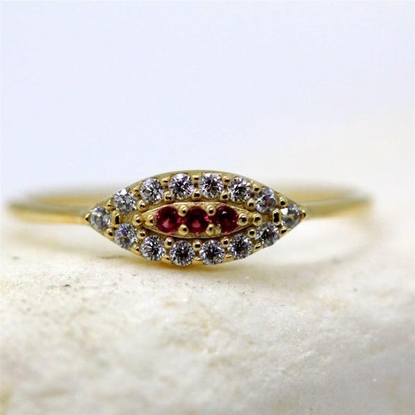 Gümüş Yüzük - Mekik Göz Kadın 925 Ayar Gümüş Yüzük-Nano Yakut Taşlı Göz Minimal Hediye Gümüş Yüzük - Image 1