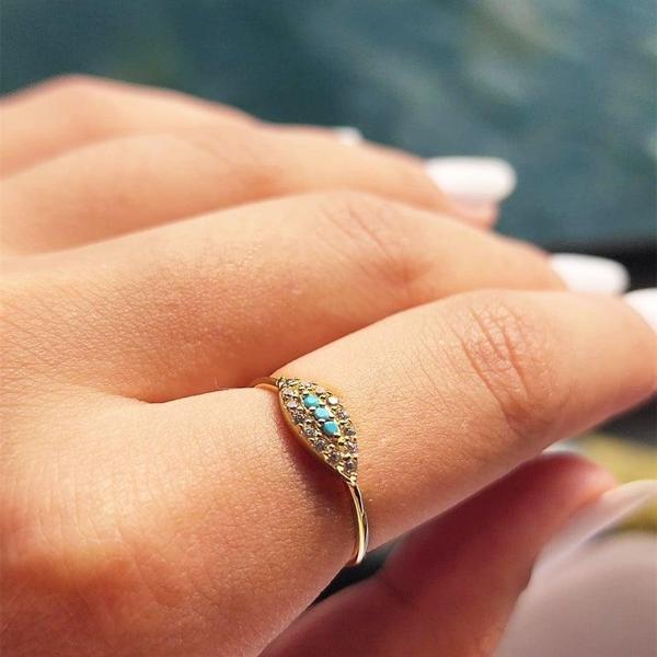 Gümüş Yüzük - Minimal Mekik Signity Swaroski Firuze Taşlı Şans 925 Ayar Gümüş Tasarım Yüzük - Image 1