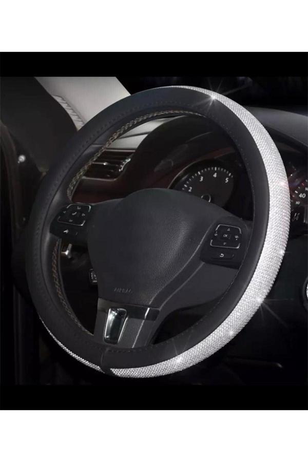 Efeaks Parlak Gümüş Derili Taşlı Geçirmeli Direksiyon Kılıfı 38X40 Cm - Image 1