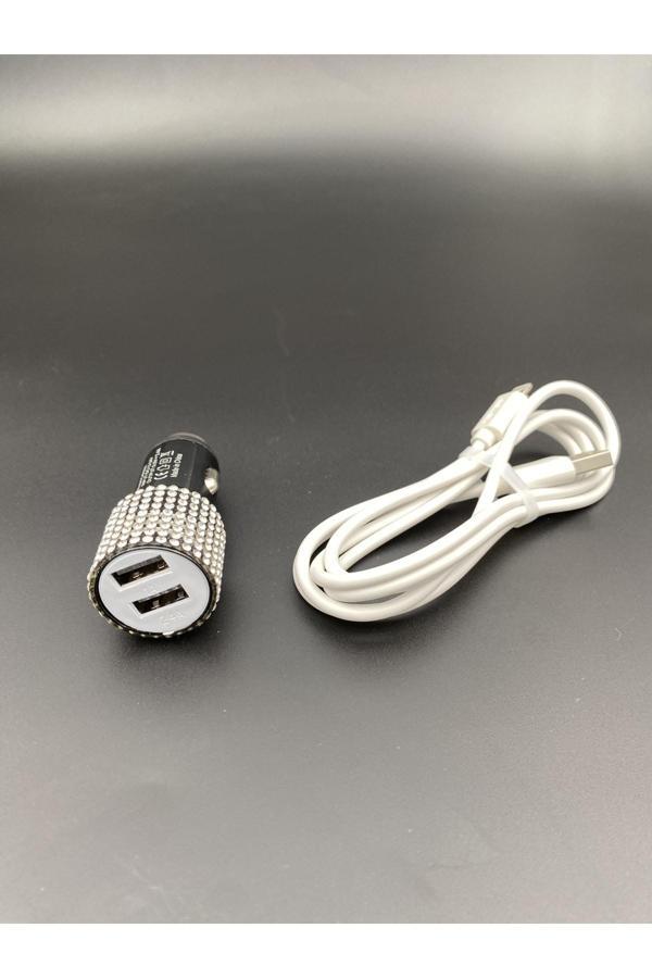 Efeaks Gümüş Taşlı Siyah Araç Şarjı ( Iphone Kablo Hediyeli ) - Image 1