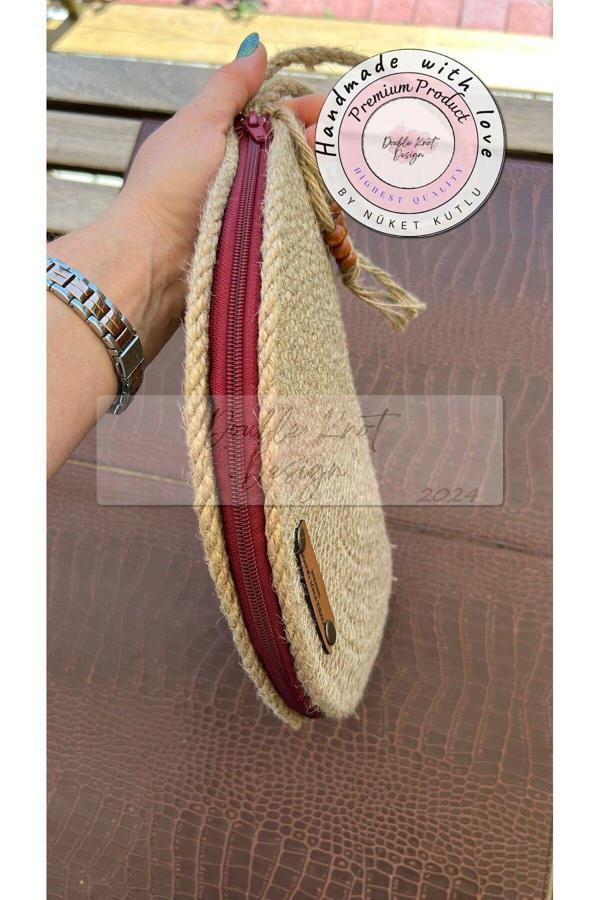 Double Knot Design Yarım Ay D Clutch Portföy Çanta,Abiye Çanta, Jüt, Hasır, Hediyelik - Image 1