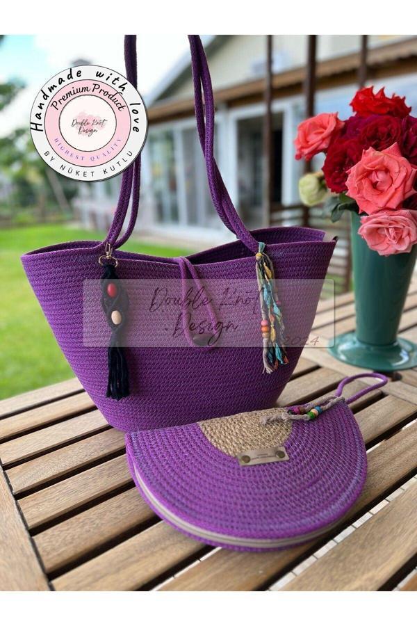 Double Knot Design Bella 2Li Takım Plaj Çantası , El Çantası Clutch, Totebag, Kadın, Yazlık, Hediyelik - Image 1
