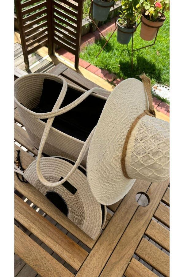 Double Knot Design 3Lü Takım Plaj Çantası , El Çantası Clutch, Şapka, Totebag, Kadın, Yazlık, Hediyelik - Image 1