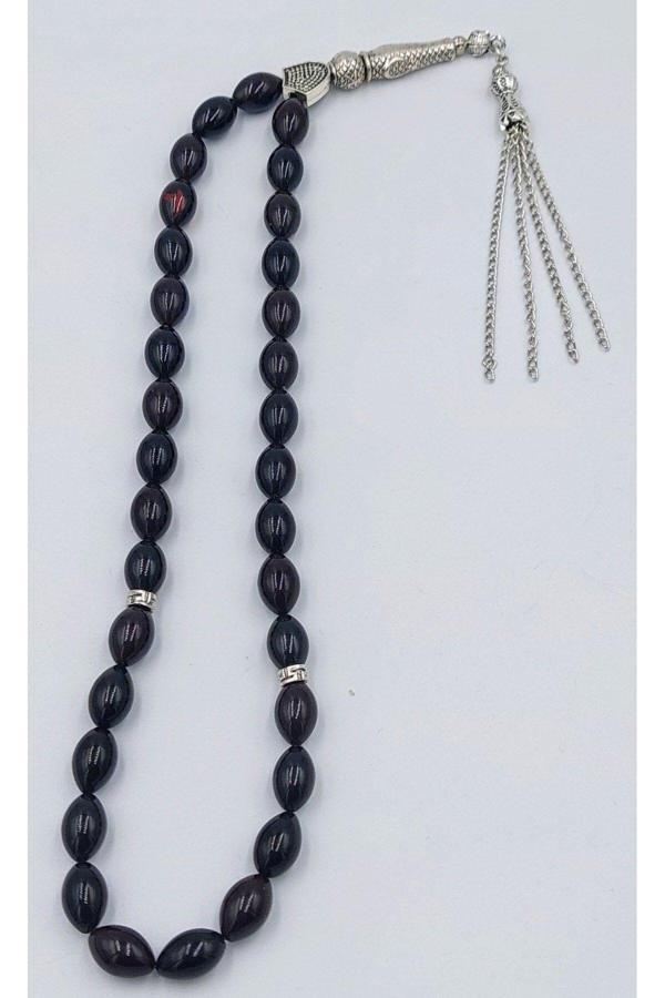 Mavi&siyah Alpaka Püsküllü Arpa Kesim Ateş Kehribar Tespih (AHŞAP KUTULU) - Image 1