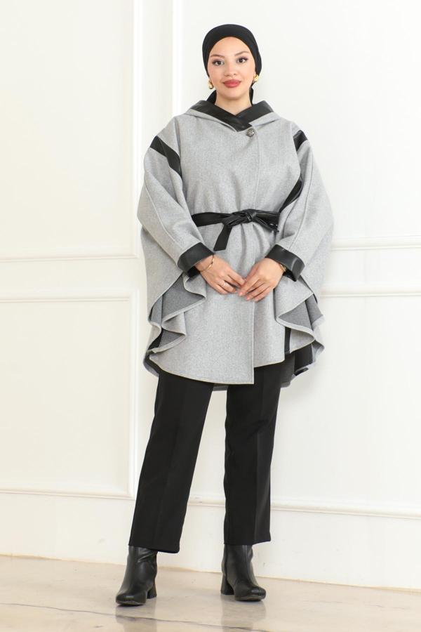 Kadeem Kuşaklı Deri Detaylı Panço & Gri - Image 1