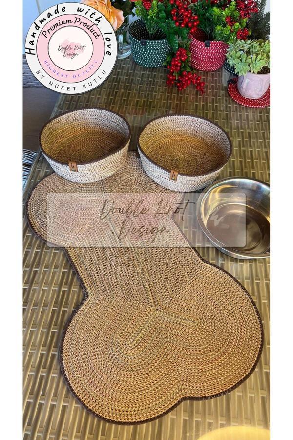 Double Knot Design 3 Lü Set Küçük Irk Evcil Hayvan Mama Paspası, Kemik Mama Altlığı, Mama Tası Kılıfı İle Köpek Aksesua - Image 1