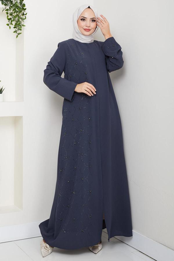 Gizli Patlı Yarım Taşlı Ferace Füme HM2860 - Image 1