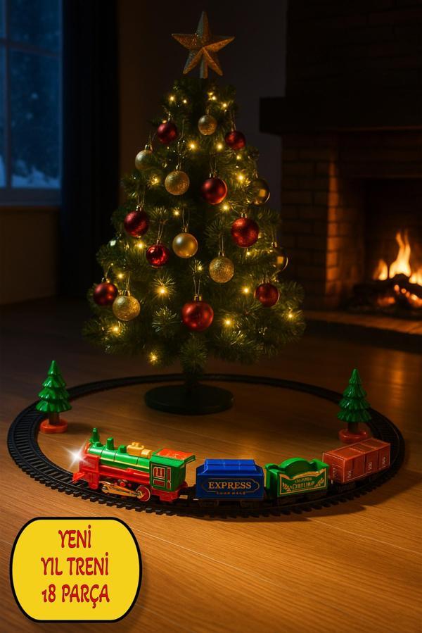 Işıklı Noel Tren Seti Yılbaşı Ağacı Yanı Raylı Oyuncak Pilli Tren Seti 18 Parça - Image 1