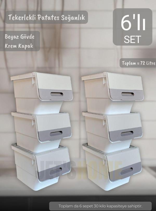 6'lı Krem Beyaz Tekerlekli Sebzelik Patates Soğan Sepeti Organizer Kutu Soğanlık Patateslik 72 L - Image 1