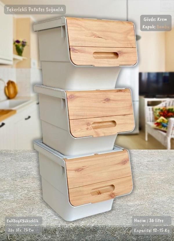 3'lü Bambu Tekerlekli Sebzelik Patates Soğan Sepeti Şık Organizer Patateslik Soğanlık Kutu 36 L - Image 1