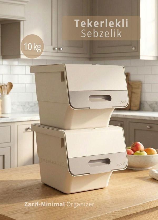 2’li Krem Tekerlekli Sebzelik Patates Soğan Sepeti Zarif Organizer Patateslik Soğanlık Kutu 24 L - Image 1