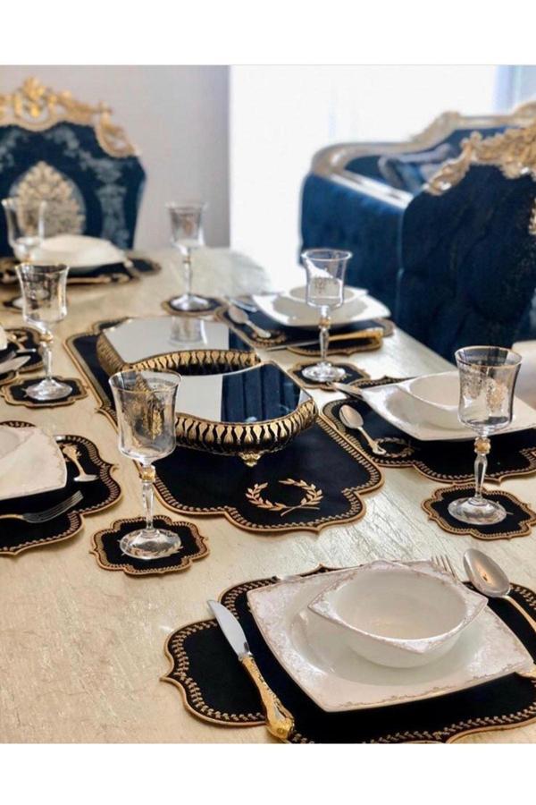 Mucit Home Amerikan Servis Ve  Masa Örtüsü 6 Kişilik 19 Parça Runner Seti Nakışlı Yemek Sunum Takımı - Image 1