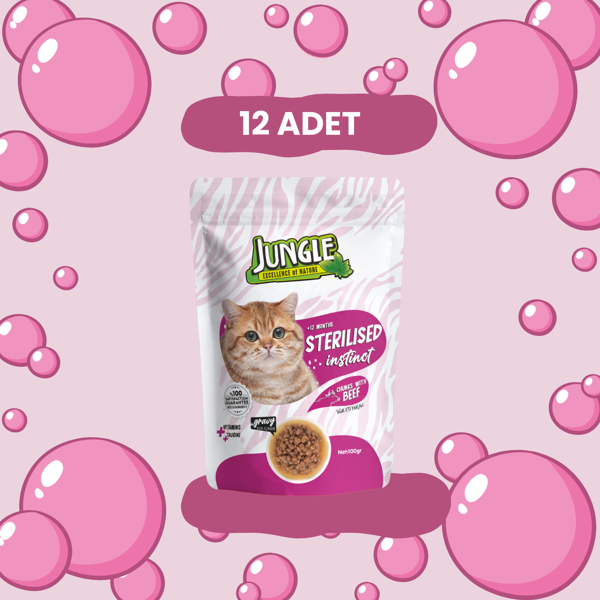 Jungle Pouch Kısır Kedi Dana Eti Parçalı 100 g * 12'li Avantaj - Image 1