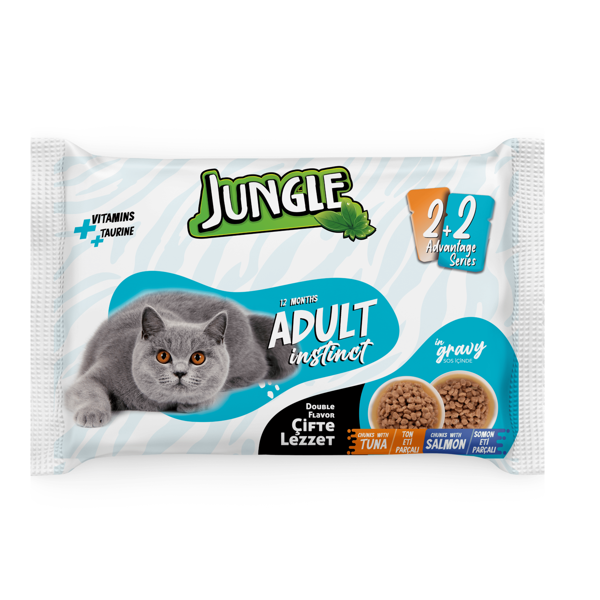 Jungle 4*100 Gr. Çift Lezzet Pouch Yetişkin Kedi Ton - Somonlu - Image 1
