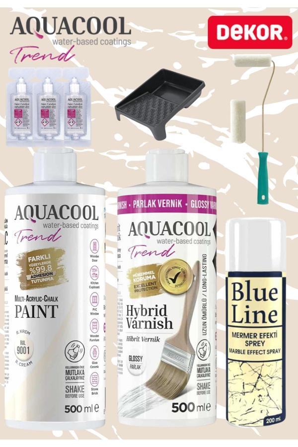 Aquacool 500 Ml Mermer Efekt Tezgah Boyama Seti Akrilik Boya Katalizör Kadife Rulo Boyacı Tavası - Image 1