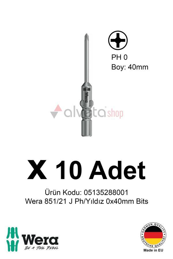 Alveta Wera 851/21 J PH0 x 40mm Tornavida Ucu 10 Adet | Yıldız Vidalama Bits Seti Hassas Seri - Image 1