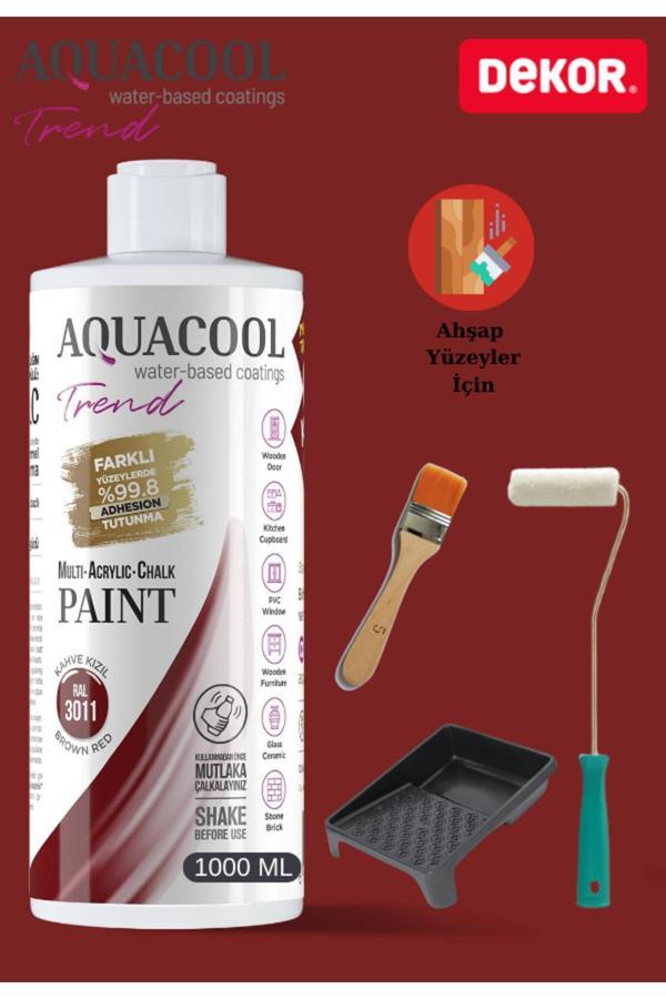 Aquacool 1000 Ml Ahşap Dönüşüm Boyama Seti Kadife Rulo, Boyacı Tavası Fırça Ral 3011 Dolap Boyası - Image 1