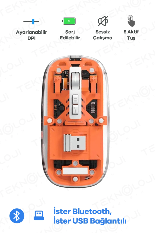 Bluetooth Usb Çift Modlu Sessiz Mouse, Şeffaf Mıknatıslı Kapaklı, Type-c Şarjlı, Dpı Ayarlı, Kablosuz 10m Çekim Mesafeli - Image 1