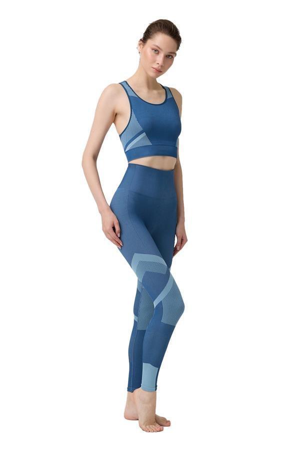 Seamless Mavi Takım Sporcu Yüksek Bel Tayt ve Kalın Askılı Balensiz Crop Top Büstiyer - Image 1