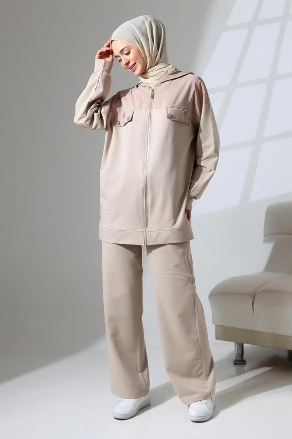 Kadın Taş Rengi Mevsimlik Penye Alt Üst Spor Ve Rahat Ikili Tunik Pantolon Şık Tesettür Takım - Image 1