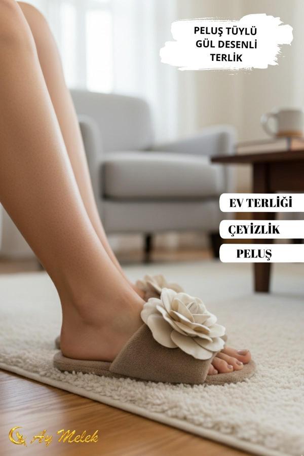 Kadın Ev Terliği Çeyizlik Gül Desenli Tüylü Yumuşak Peluş Terlik - Image 1