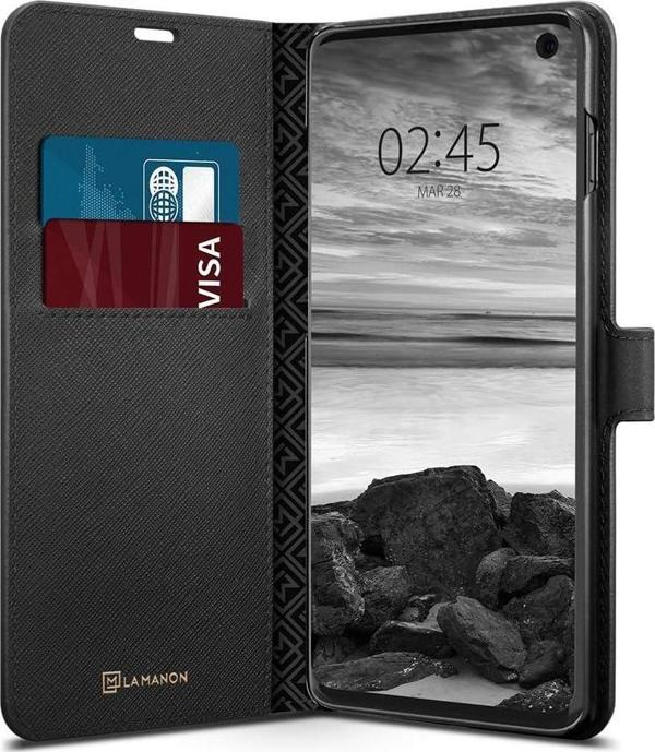 Spigen Galaxy S10 ile Uyumlu Kılıf La Manon Wallet Saffiano Black - Image 1