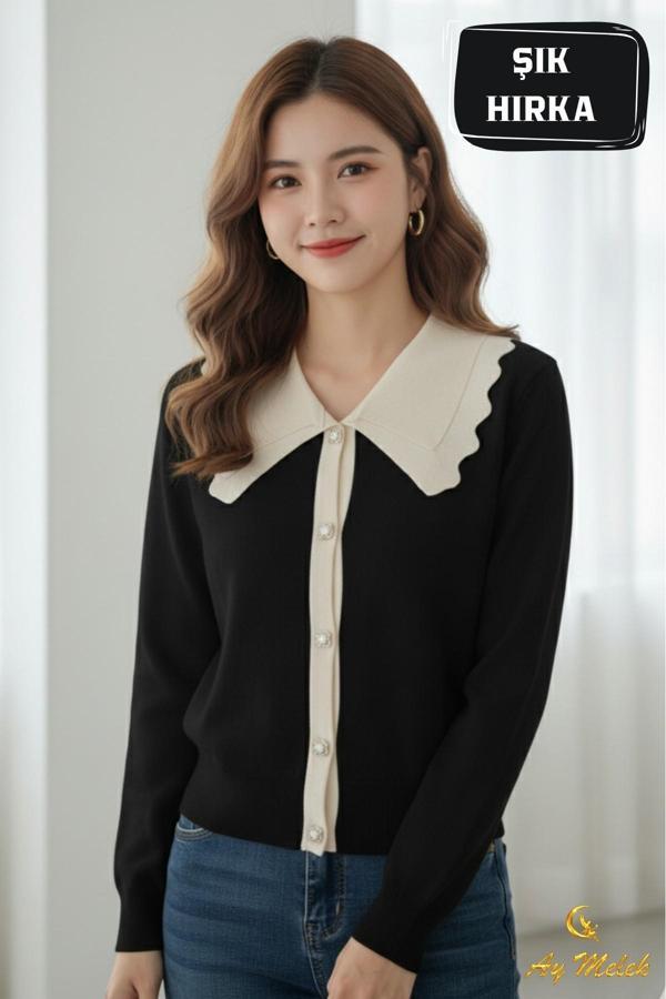 Kadın Triko Polo Yaka Düğmeli Fitilli Hırka - Image 1