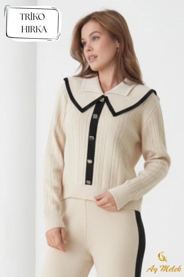 Kadın Triko Hırka Biyeli Geniş Düz Yaka Düğmeli Hırka - Image 1