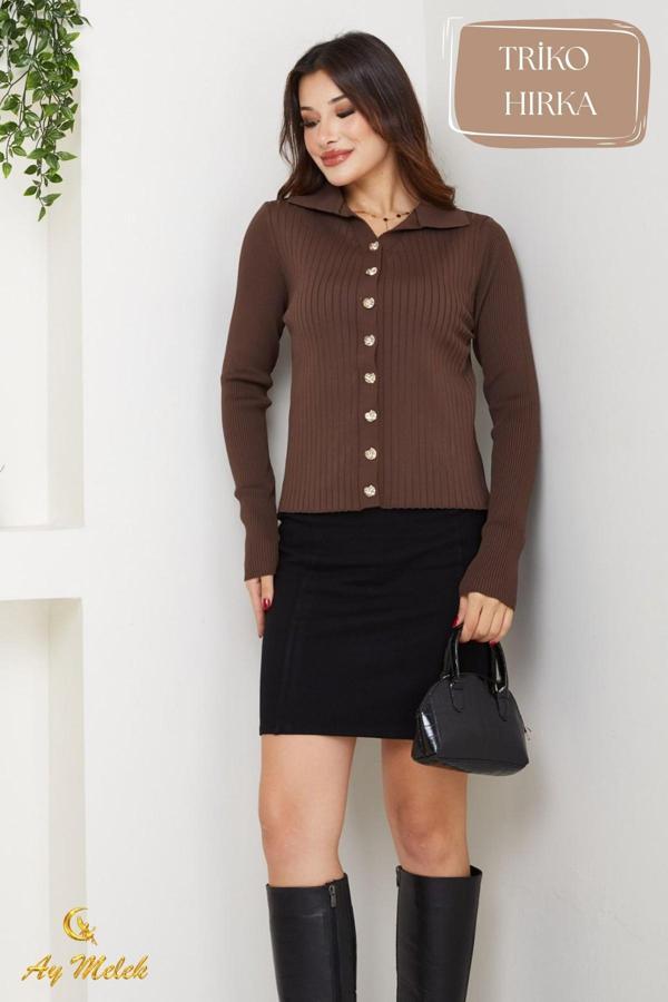 Kadın Triko Polo Yaka Düğmeli Kısa Fitilli Hırka - Image 1