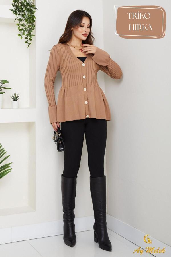 Kadın Triko V Yaka Uzun Kollu Fit Kesim Düğmeli Hırka - Image 1