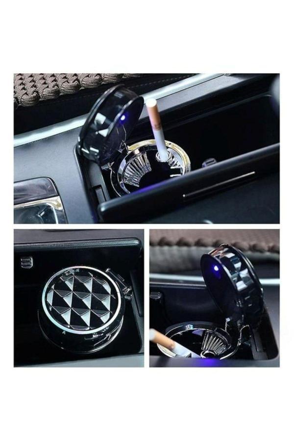 Astraled Kristal Pırlanta Taş Görünümlü Mavi Led Işıklı Lüx Oto Küllük Kapaklı Araç İçi Küllük Siyah - Image 1