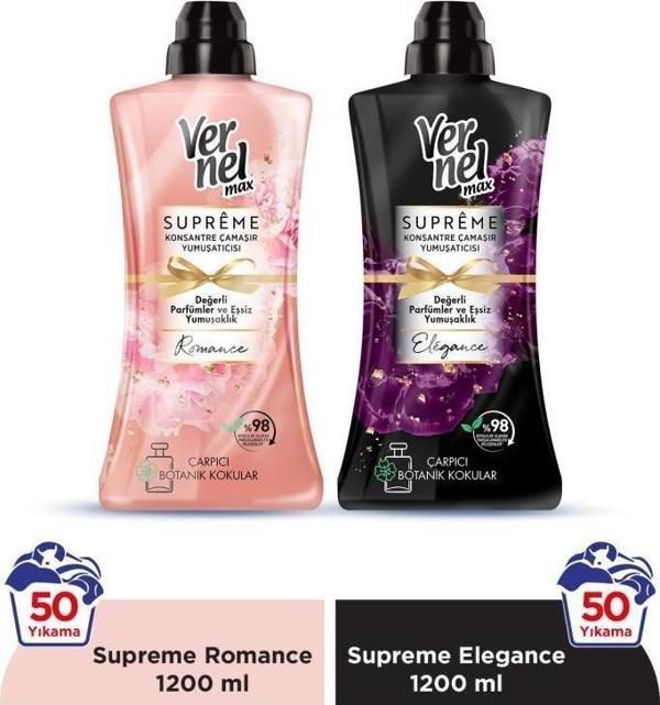 Vernel Max Konsantre Çamaşır Yumuşatıcısı 2 x 1200 ml (100 Yıkama) Supreme Romance + Elegance - Image 1